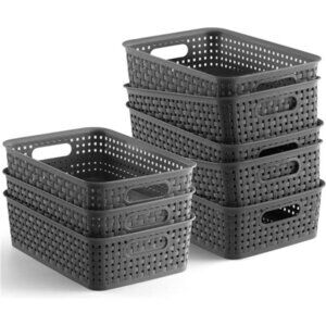 Plastic Storage Baskets Set of 8 Gray Organizer Bins for Closet Shelf Cabinet